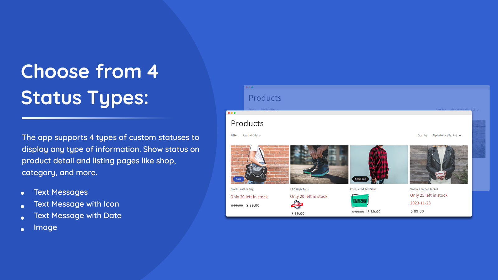 4 types of Custom stock statuses on listing page