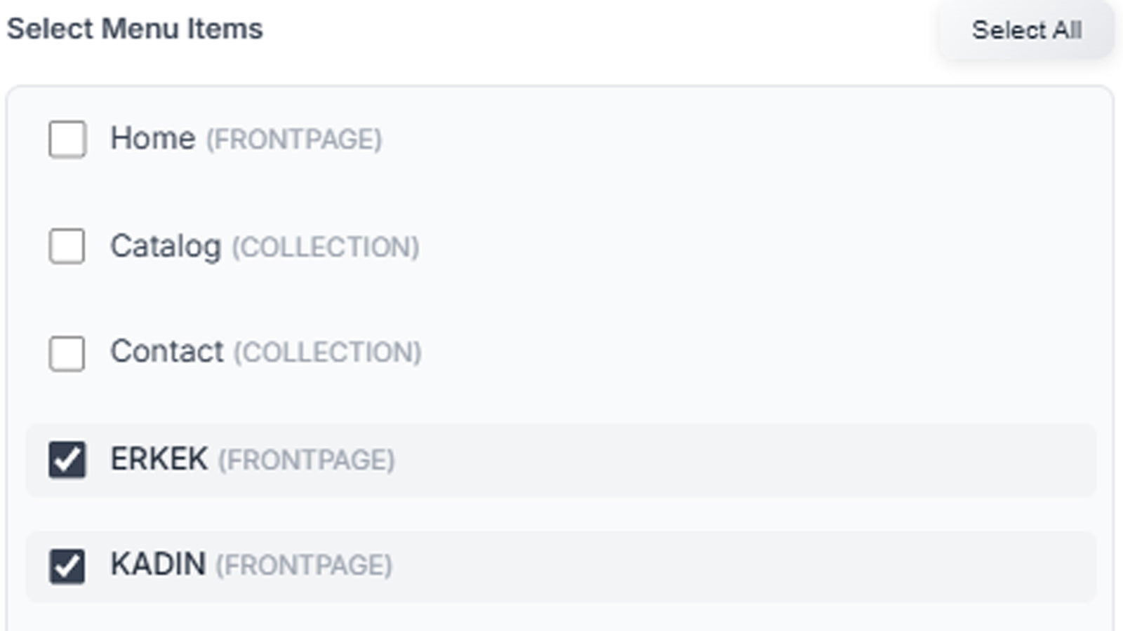 One-click linking of collections to menu items