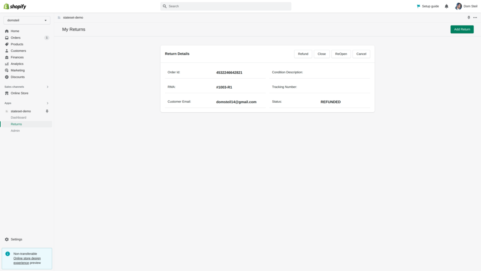 Return Actions Page - Automatically Refund
