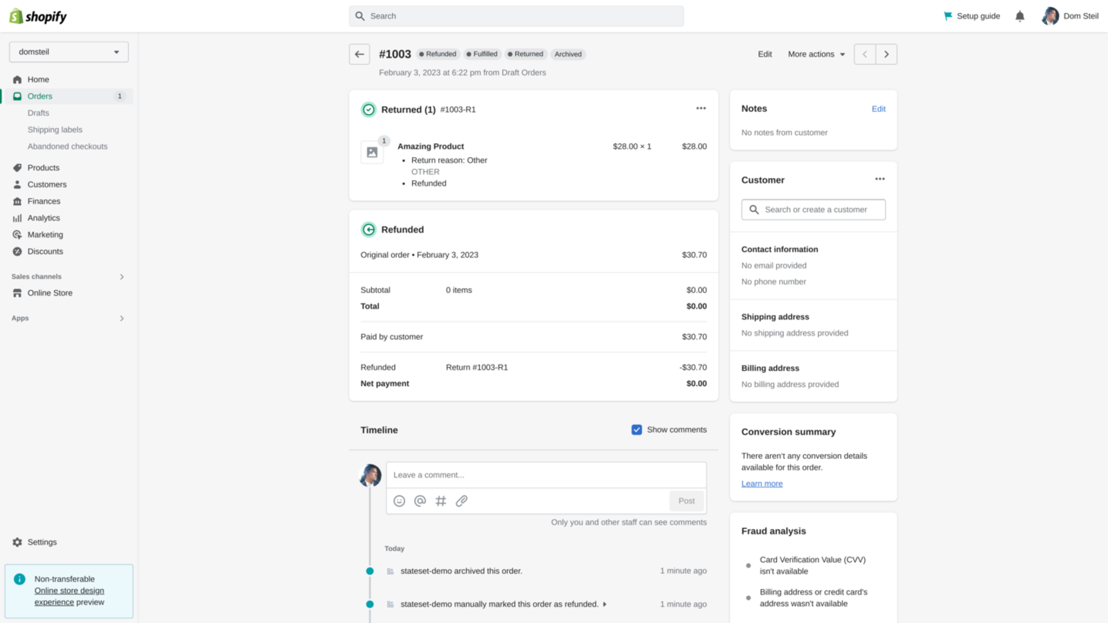 Order Page with Returned and Refunded Order