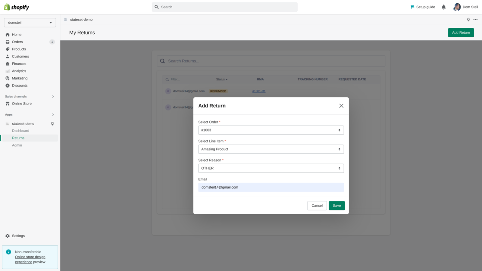 Add a New Return with Line Items