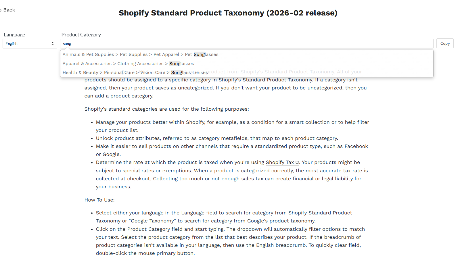 Quick Search the Product Taxonomy