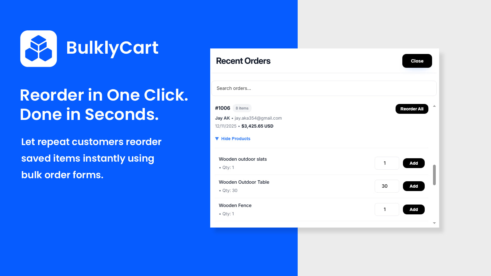 Reorder in One Click. Done in Seconds.