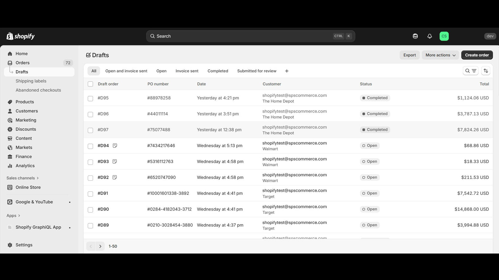 Draft orders within Shopify for all sales channels