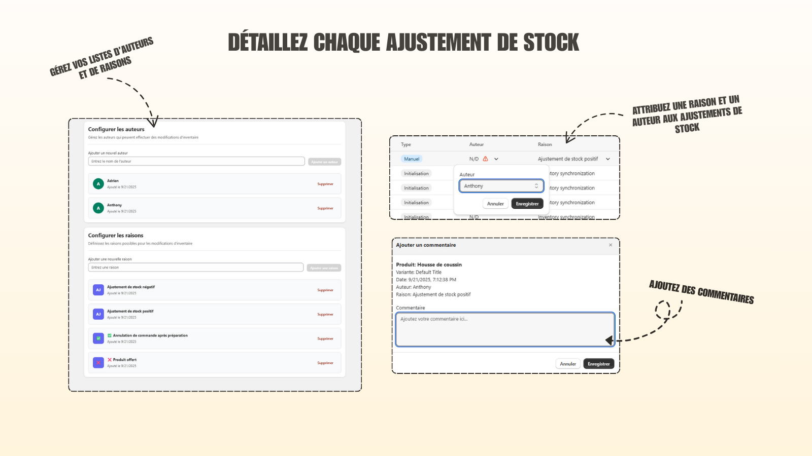 Ajoutez raisons, auteurs et commentaires à chaque ajustement