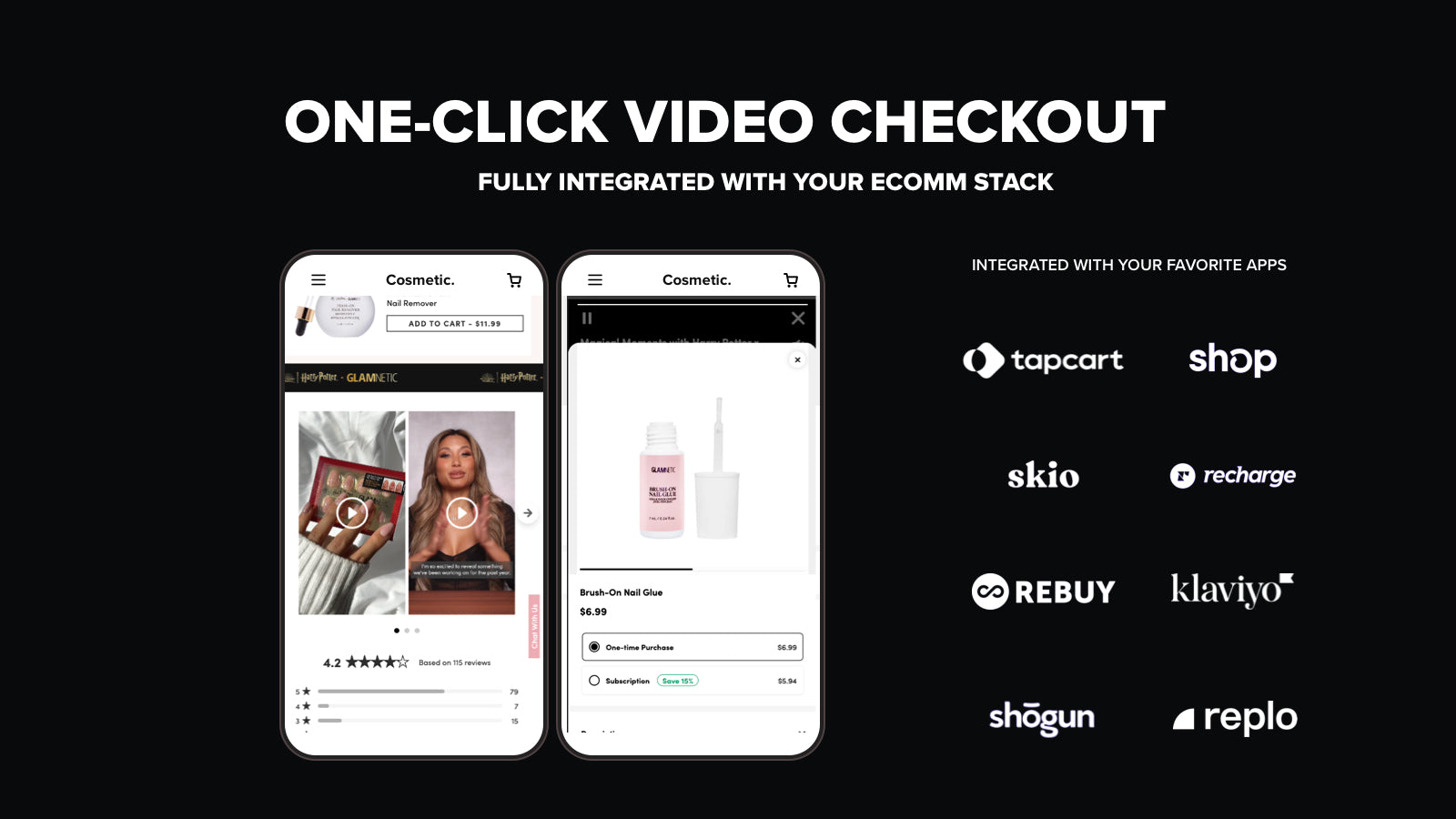 Integrations: Skio, Recharge, Tapcart, Shop App, Skio, Rechagre