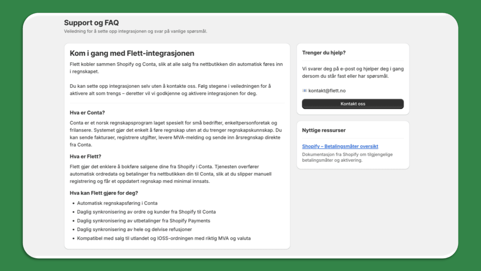 Conta Shopify integrasjon support