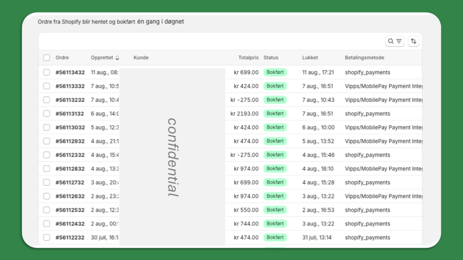 Conta Shopify integrasjon ordre