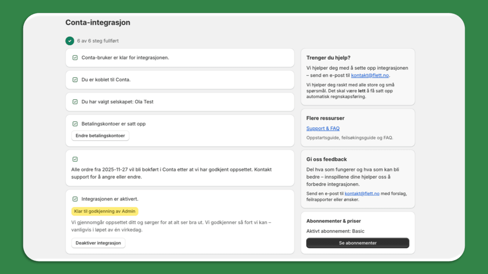 Conta Shopify integrasjon forside