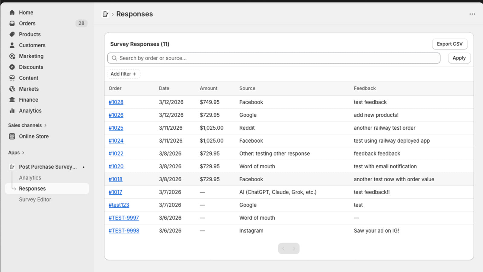 Survey responses table with order details and feedback
