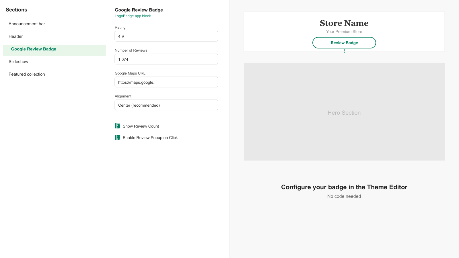 Theme Editor view showing settings panel and store preview