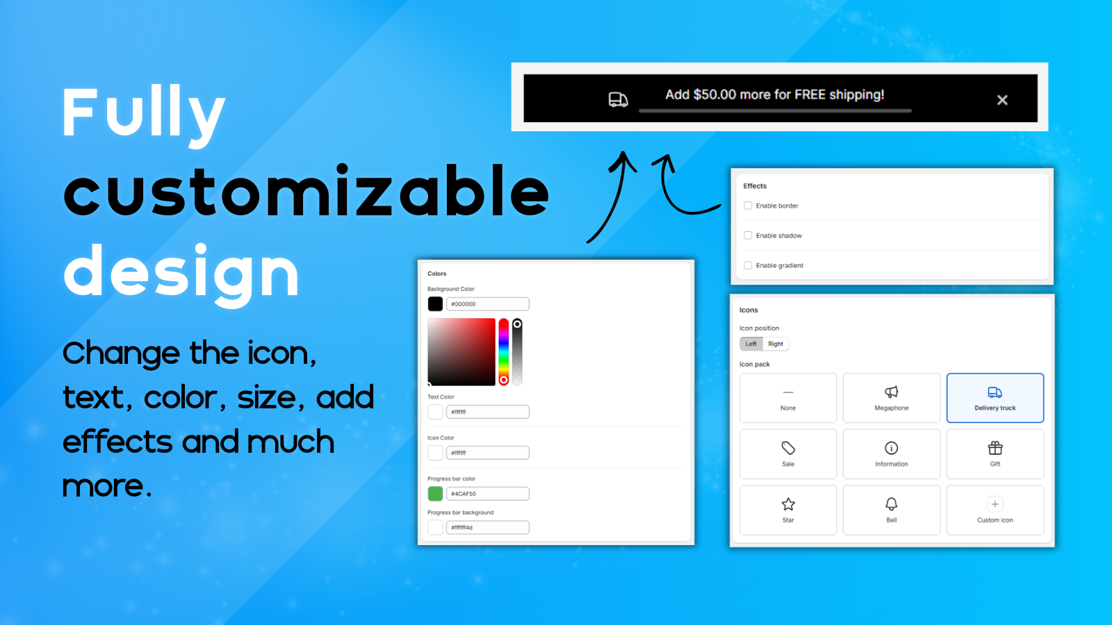 Fully customizable bar design: colors, icons, effects