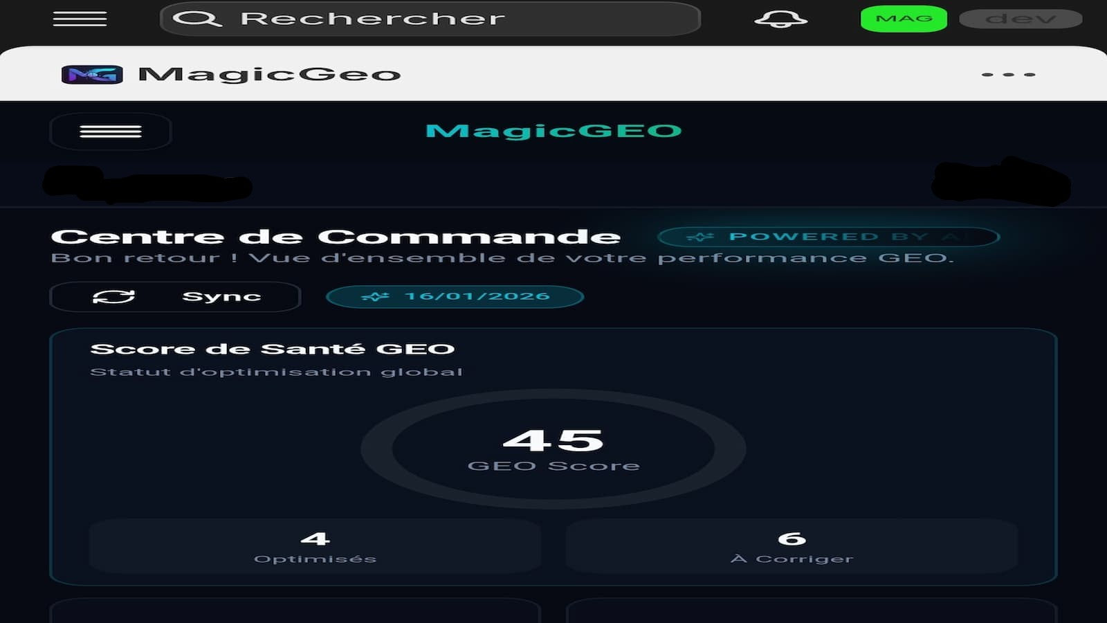 GEO health dashboard with optimization score