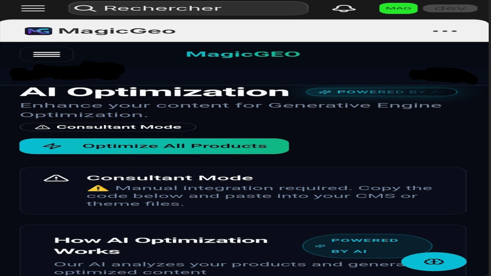 AI optimization interface with optimize button