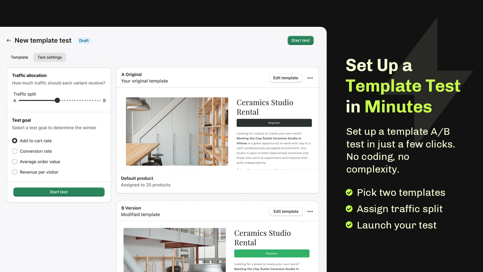 set up shopify template ab test in minutes