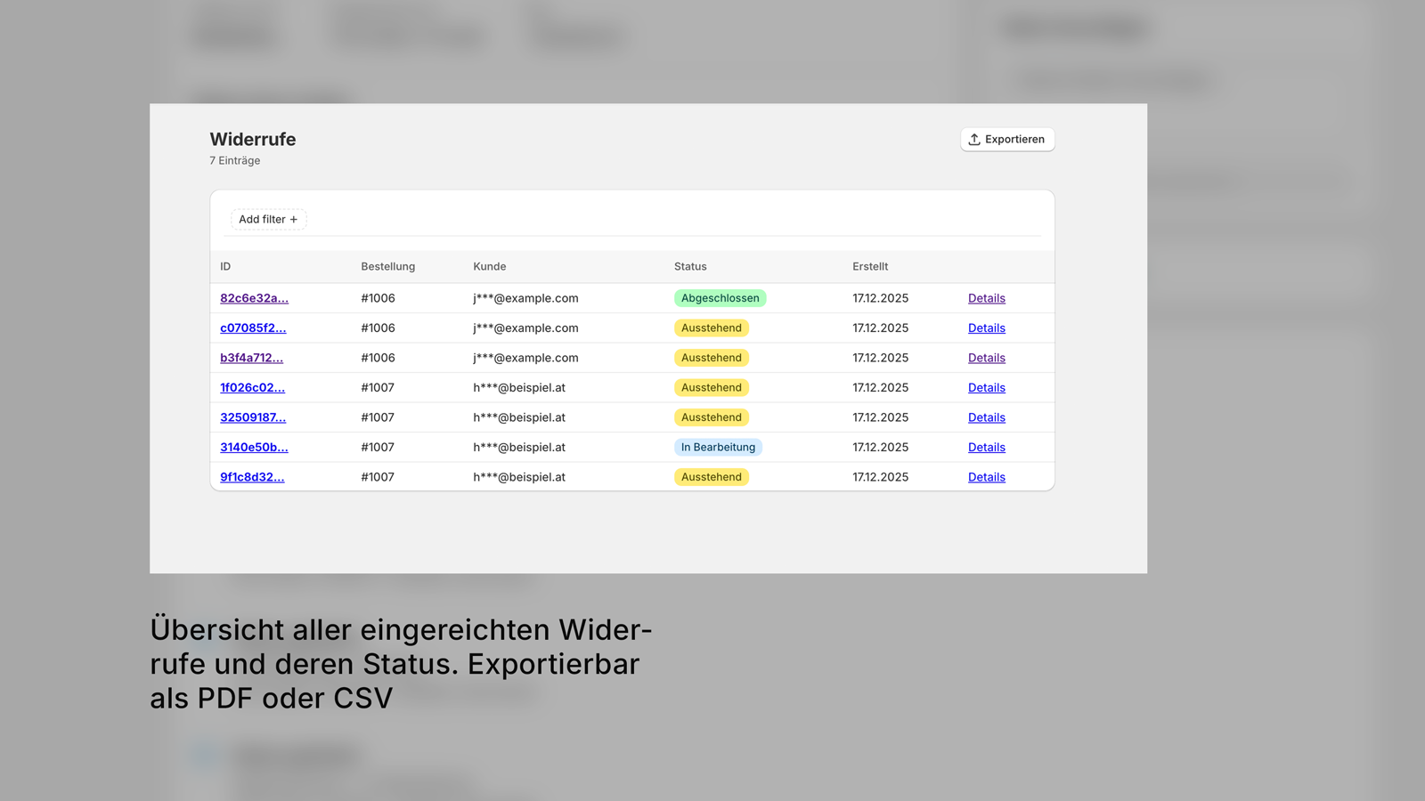 Widerruf-Manager Dashboard