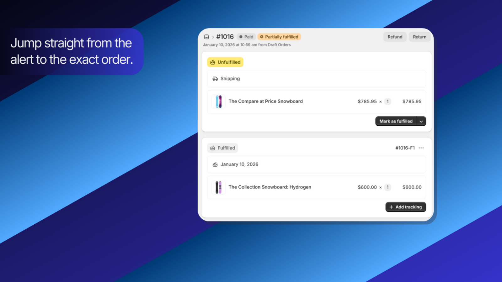 Shopify order showing partially fulfilled items.