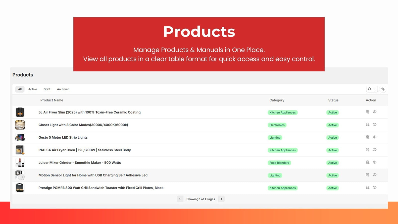 Products management dashboard showing a table of product names
