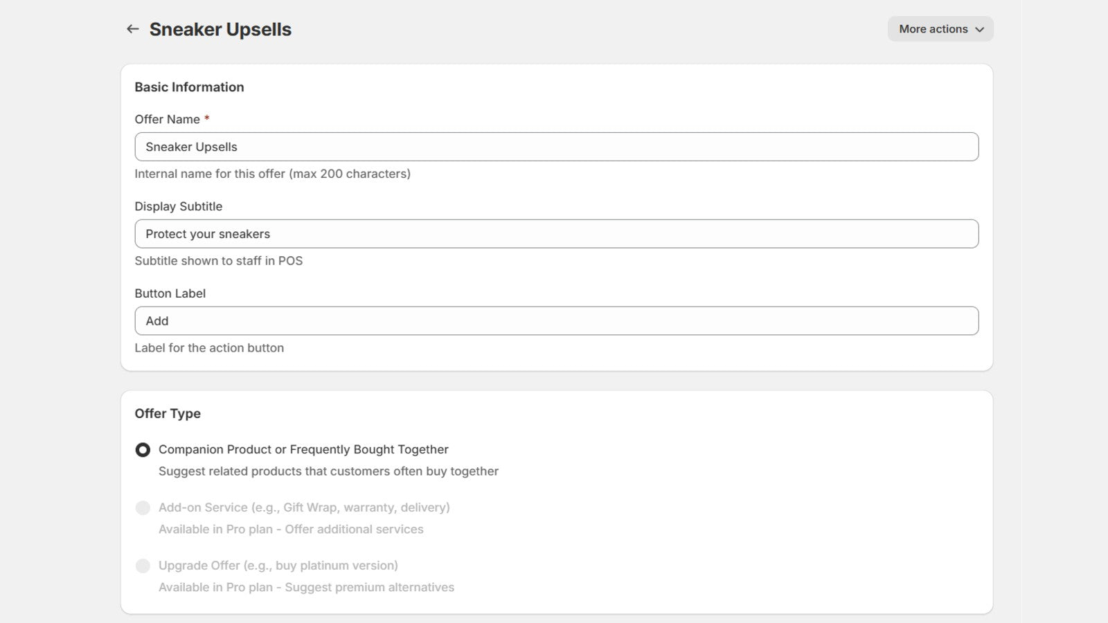 Desktop interface of setting up a new POS upsell offer