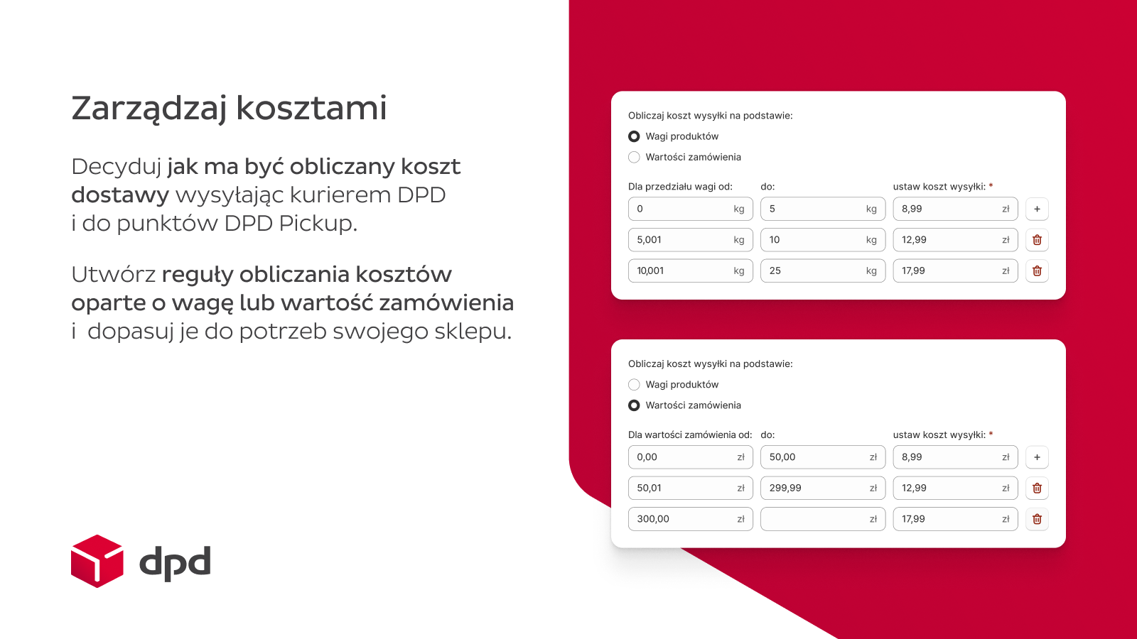 Dostawa DPD, koszt wysyłki oparty o wagę lub cenę zamówienia