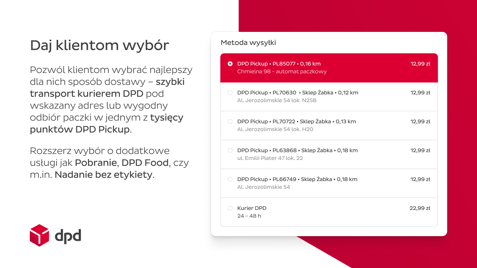 Metody wysyłki Kurier DPD i Punkt DPD Pickup, DPD Food, pobranie