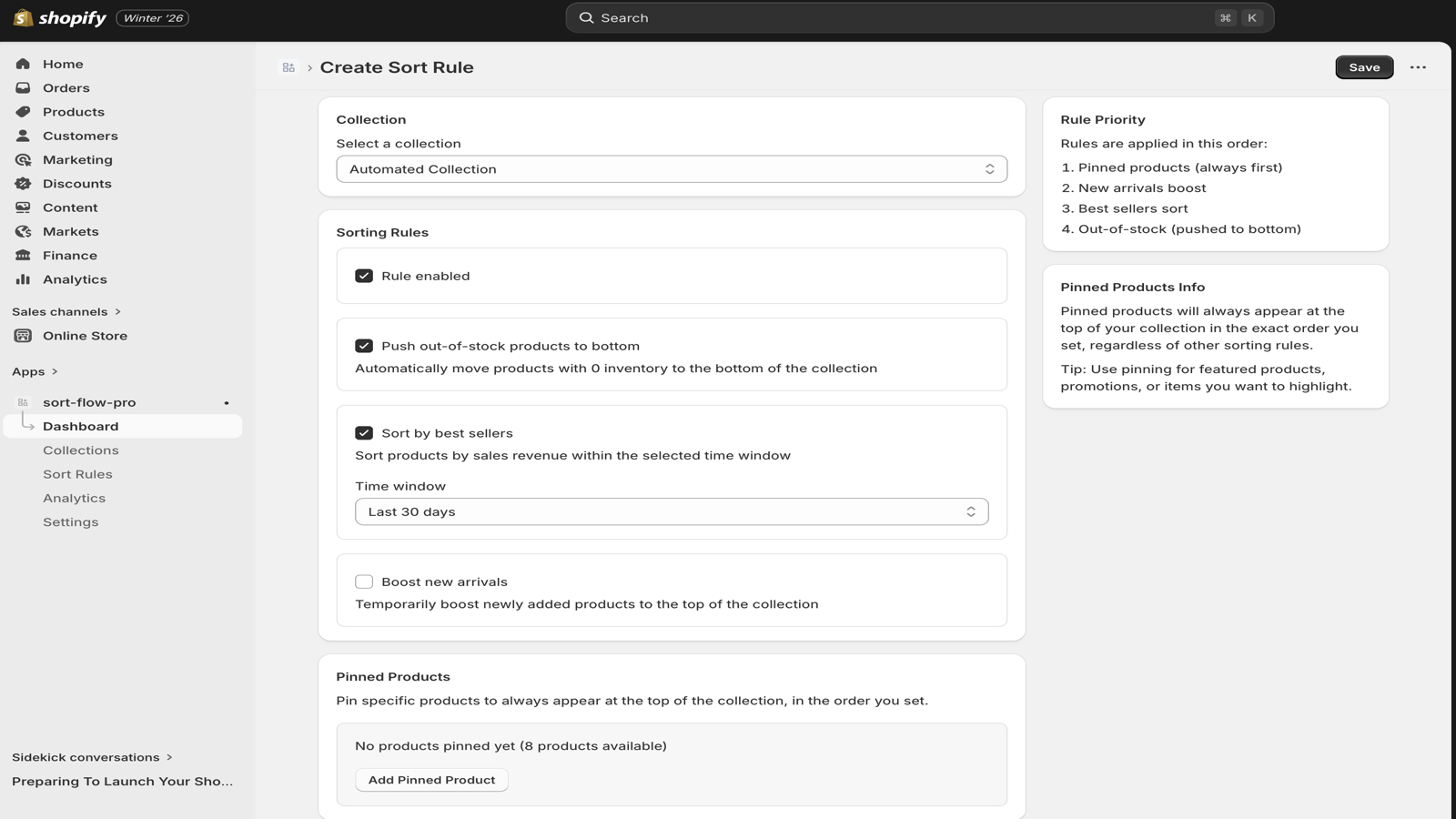 Collections page displaying all Shopify collections with sorting