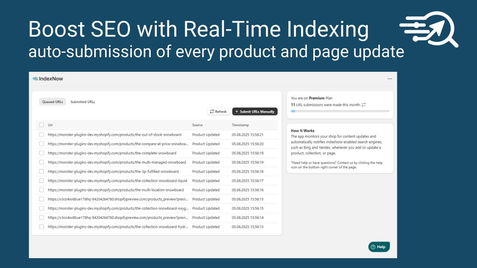 Pending URL Submissions Screenshot