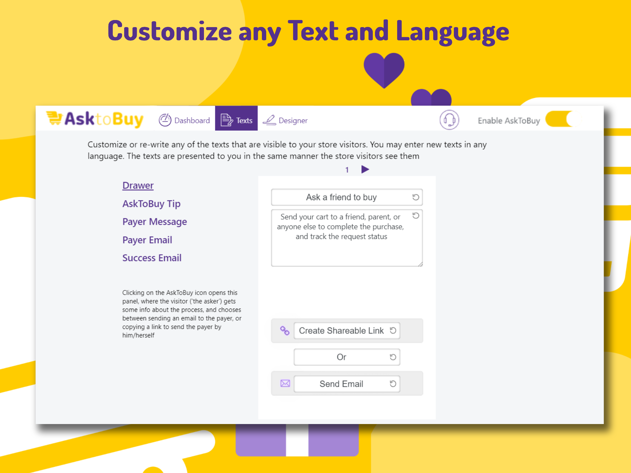 Customize texts and languages.