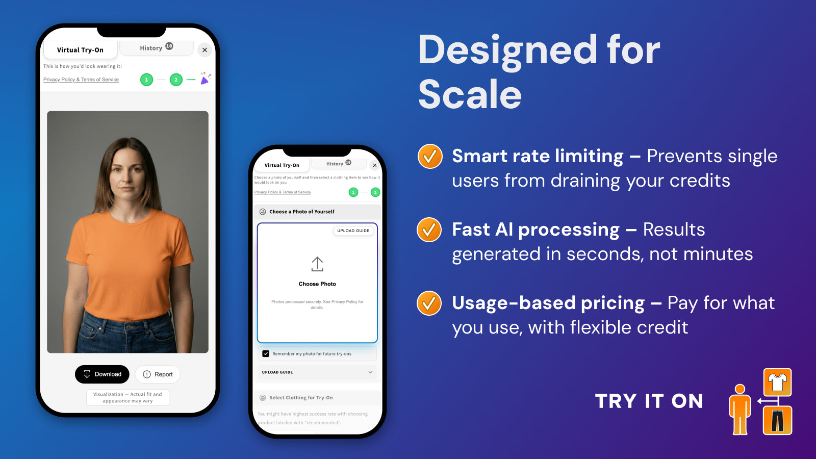 AI virtual fitting room on mobile showing clothes try-on result