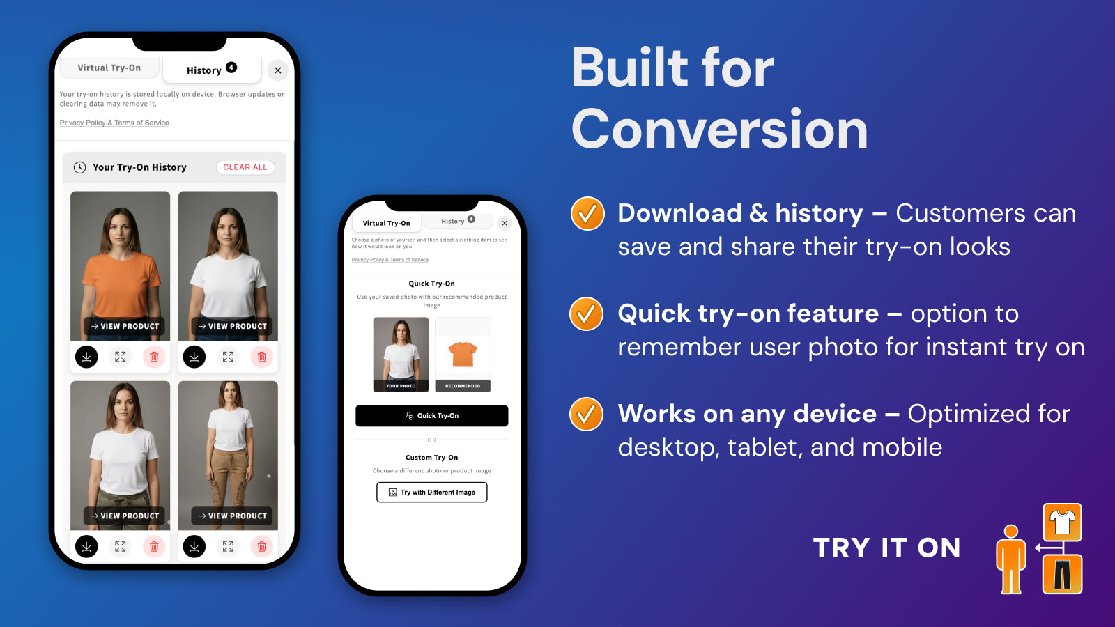Mobile try-on history with saved outfit previews and sharing