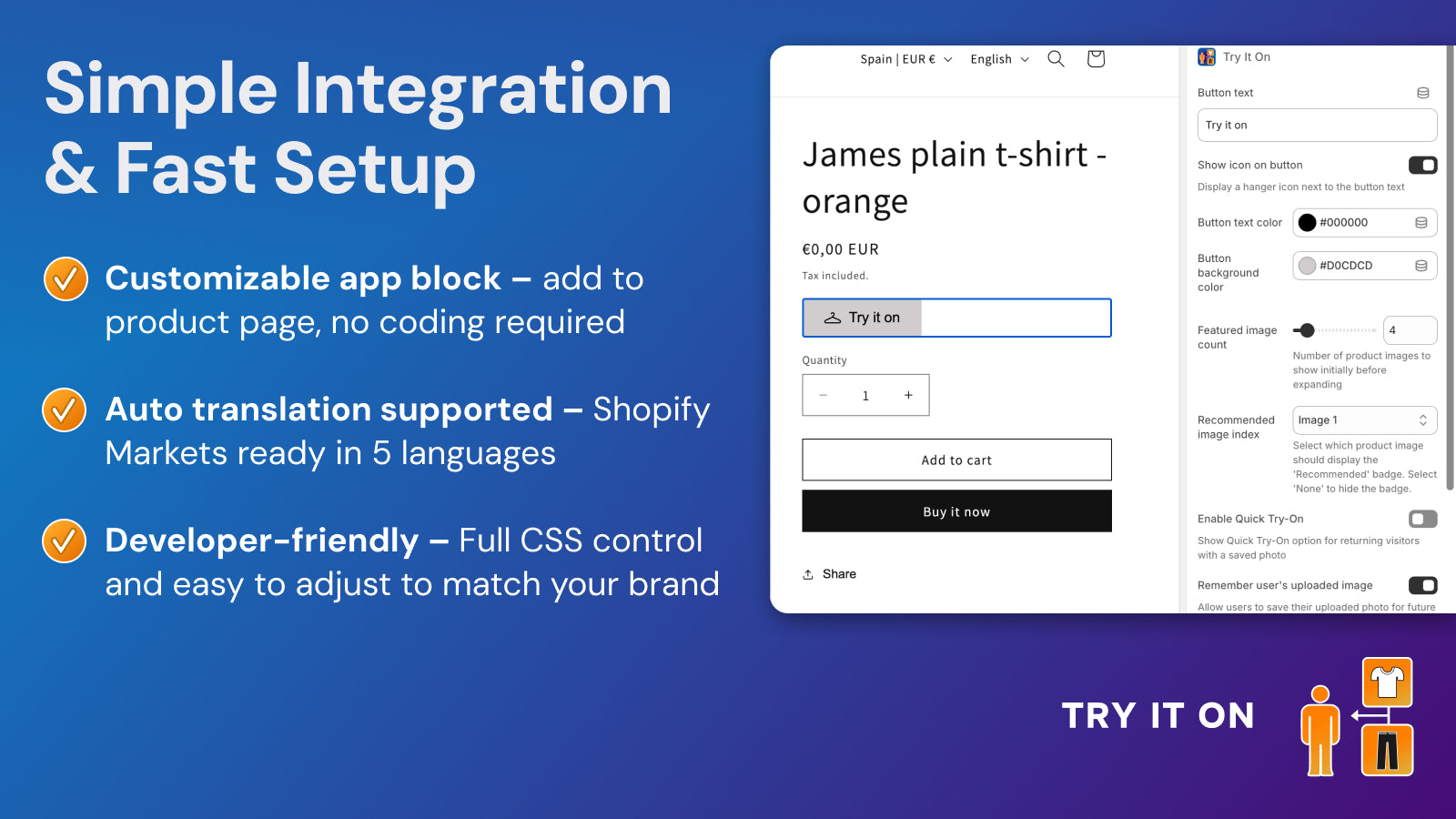 Shopify theme editor with Try It On app block customization