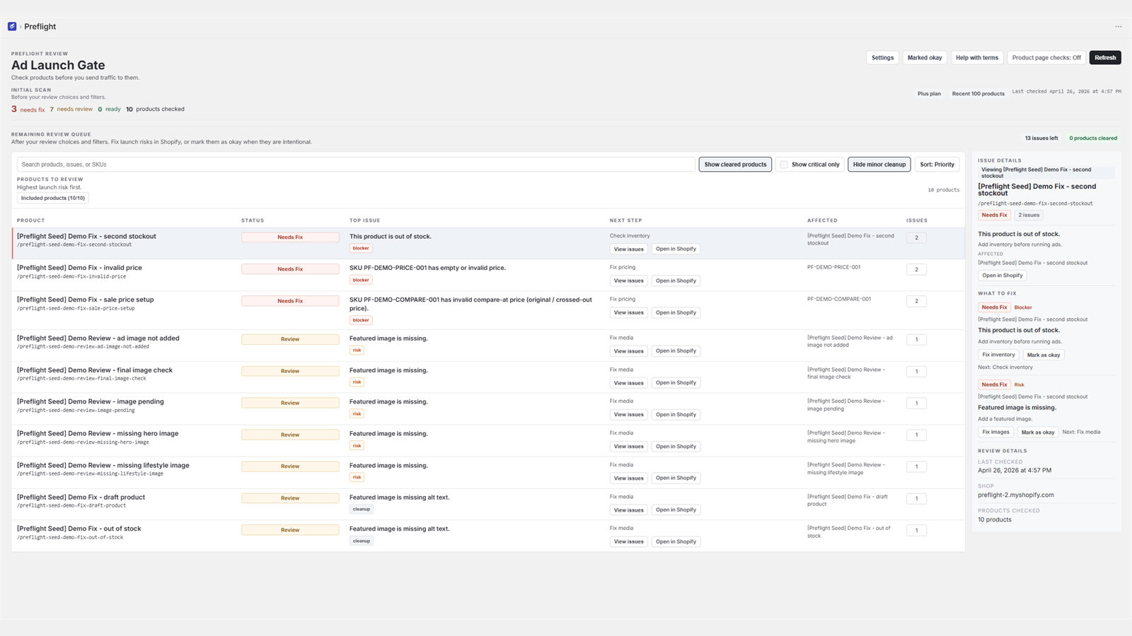 Preflight review queue with launch blockers
