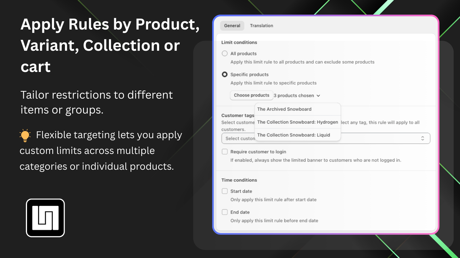 Apply rules by product, variant, collection or cart
