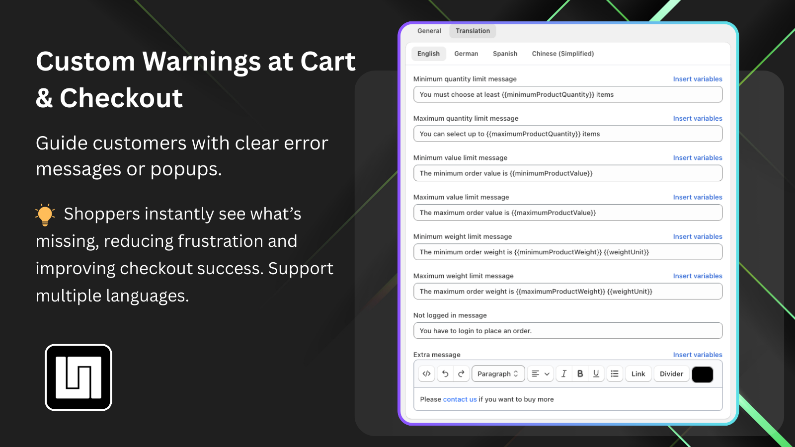 custom warnings at cart & checkout