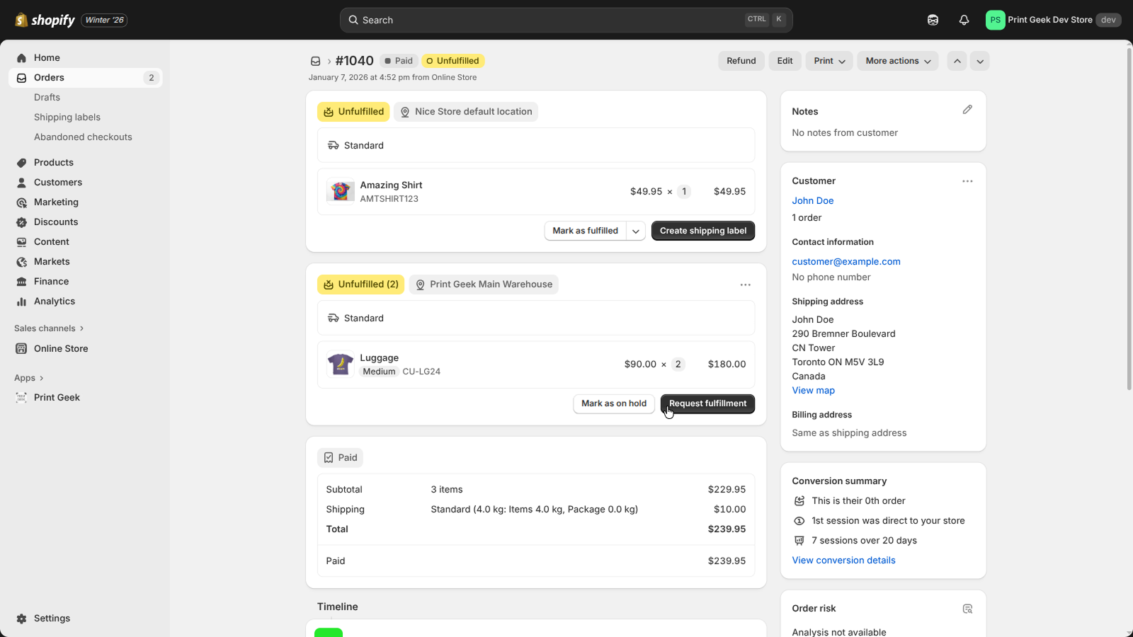 Clicking button to request fulfillment