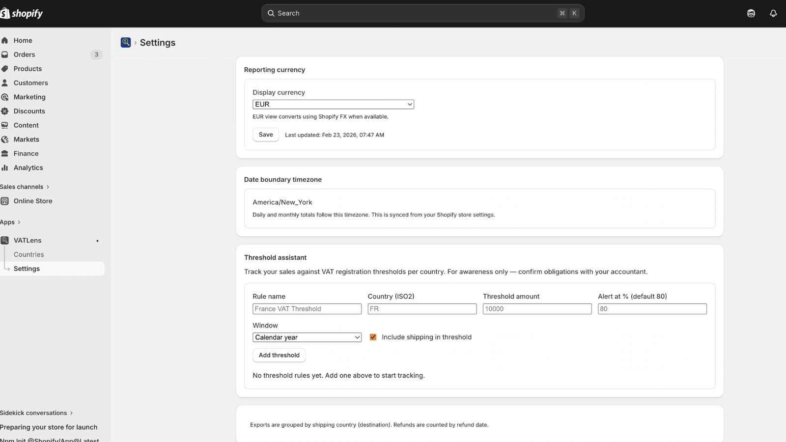 Threshold assistant for country VAT alert settings