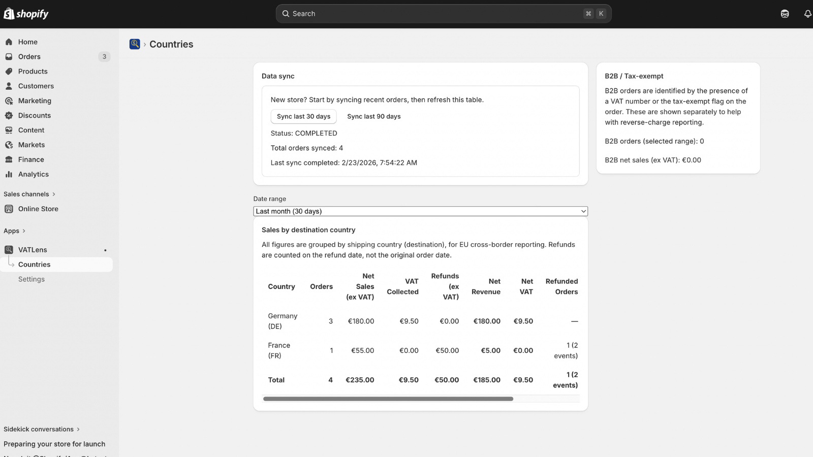 Countries report with VAT and sales by destination country