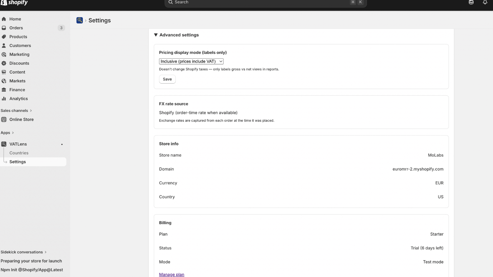 Settings for labels, FX source, and store information 