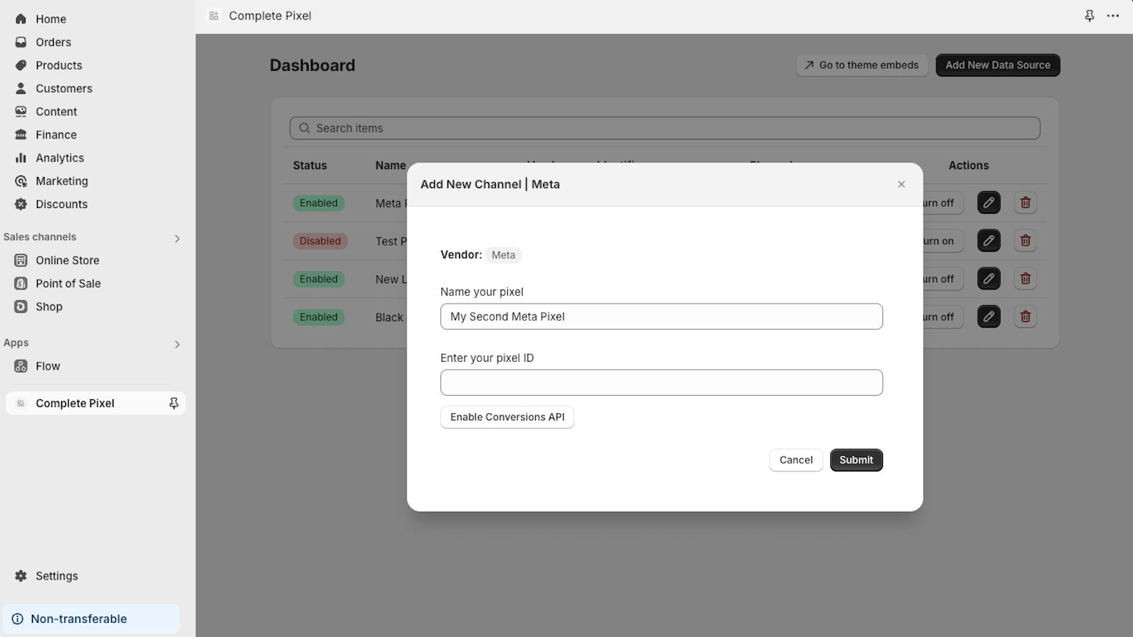 Complete Pixel dashboard screen to create a new pixel open