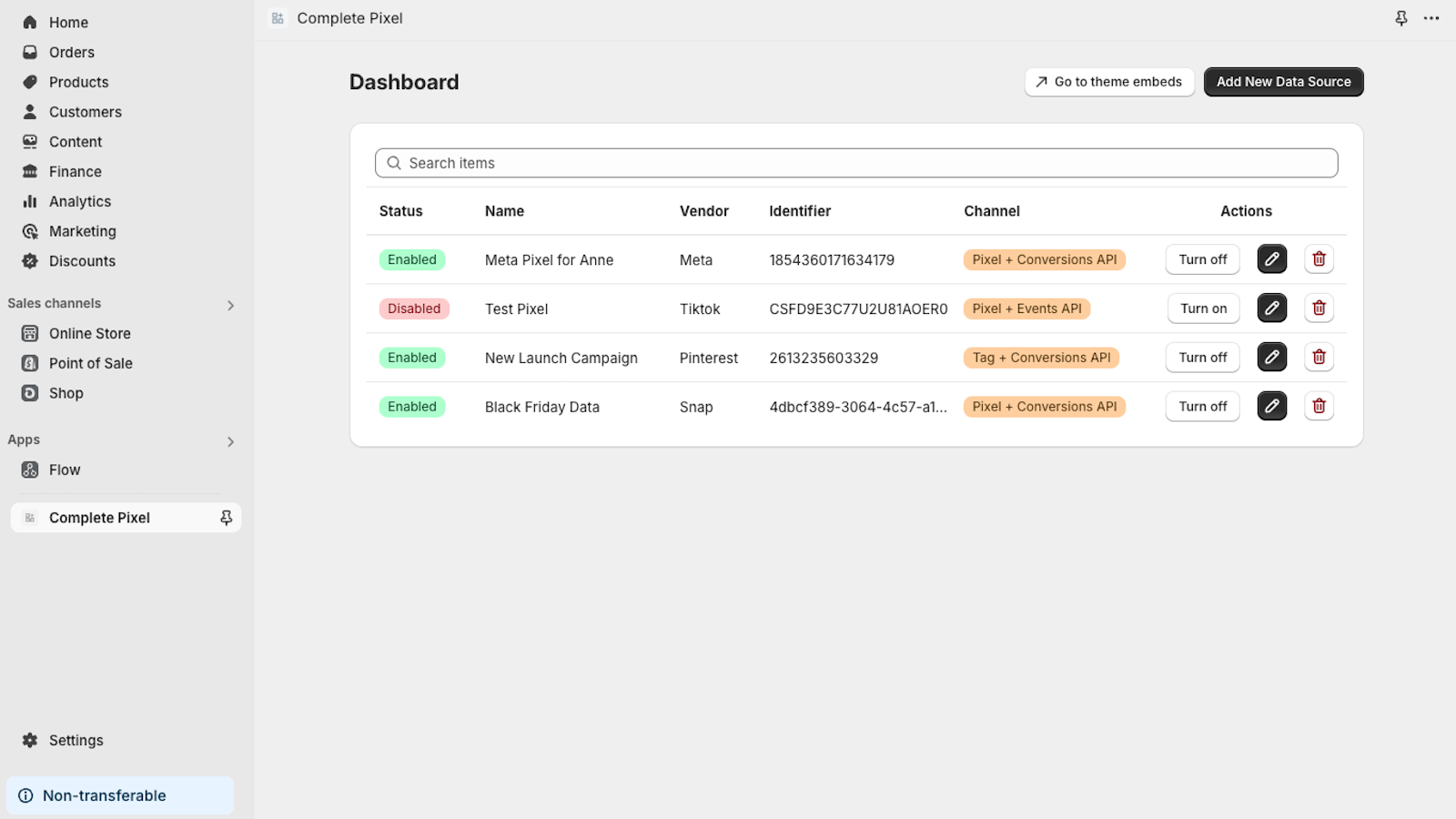 Complete Pixel dashboard showing all created pixels