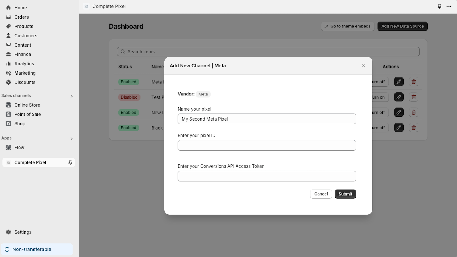 Complete Pixel dashboard screen to create Conversions API pixel
