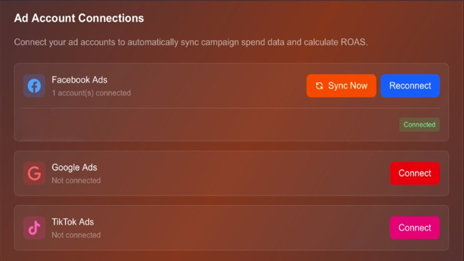 Connect Facebook, Google, and TikTok ad accounts easily