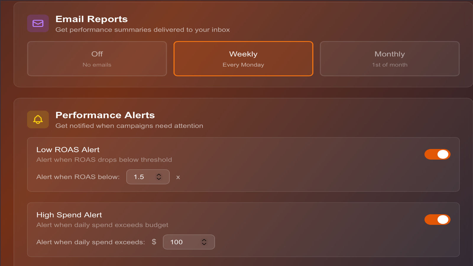 Different options if you want emails notifications for summaires