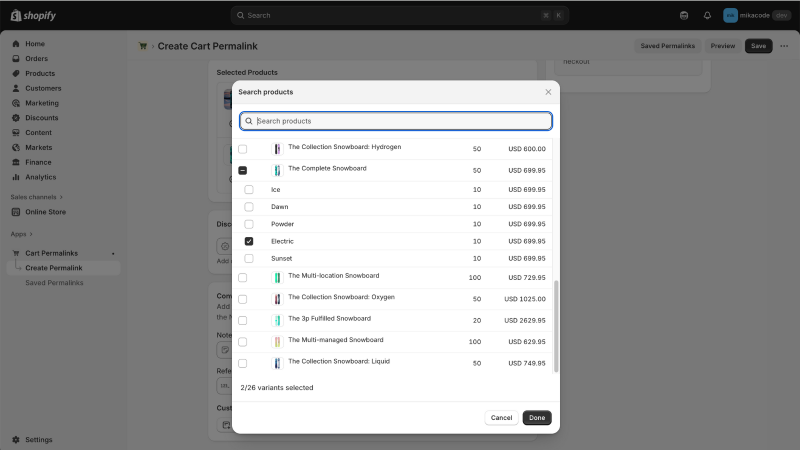 Search and select product and variants to be added