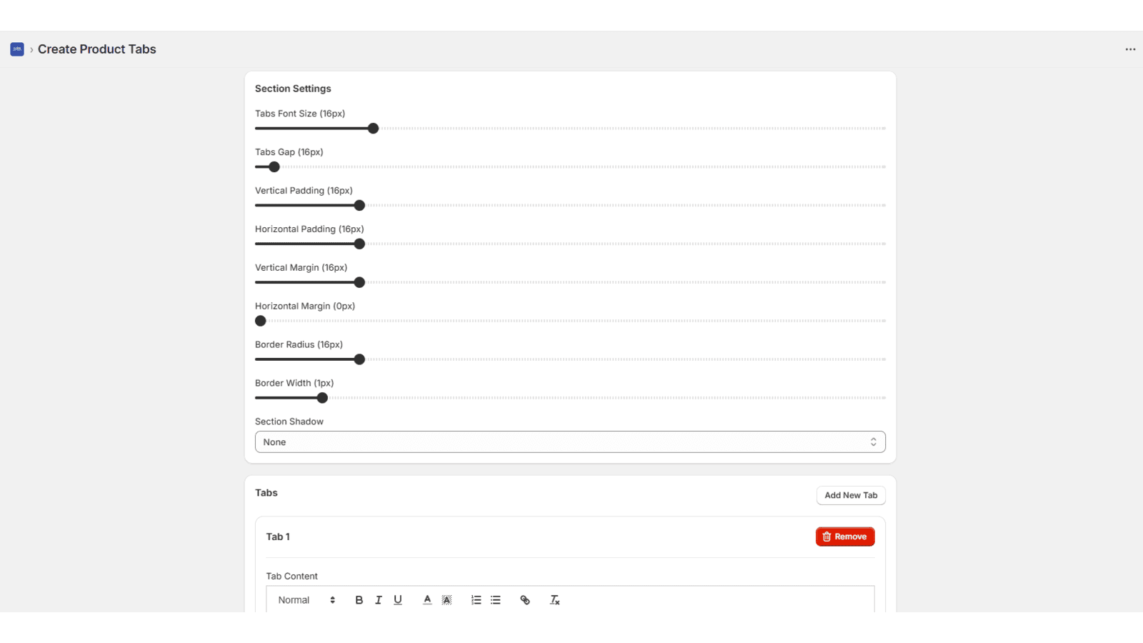 section spacing and shadow-settings