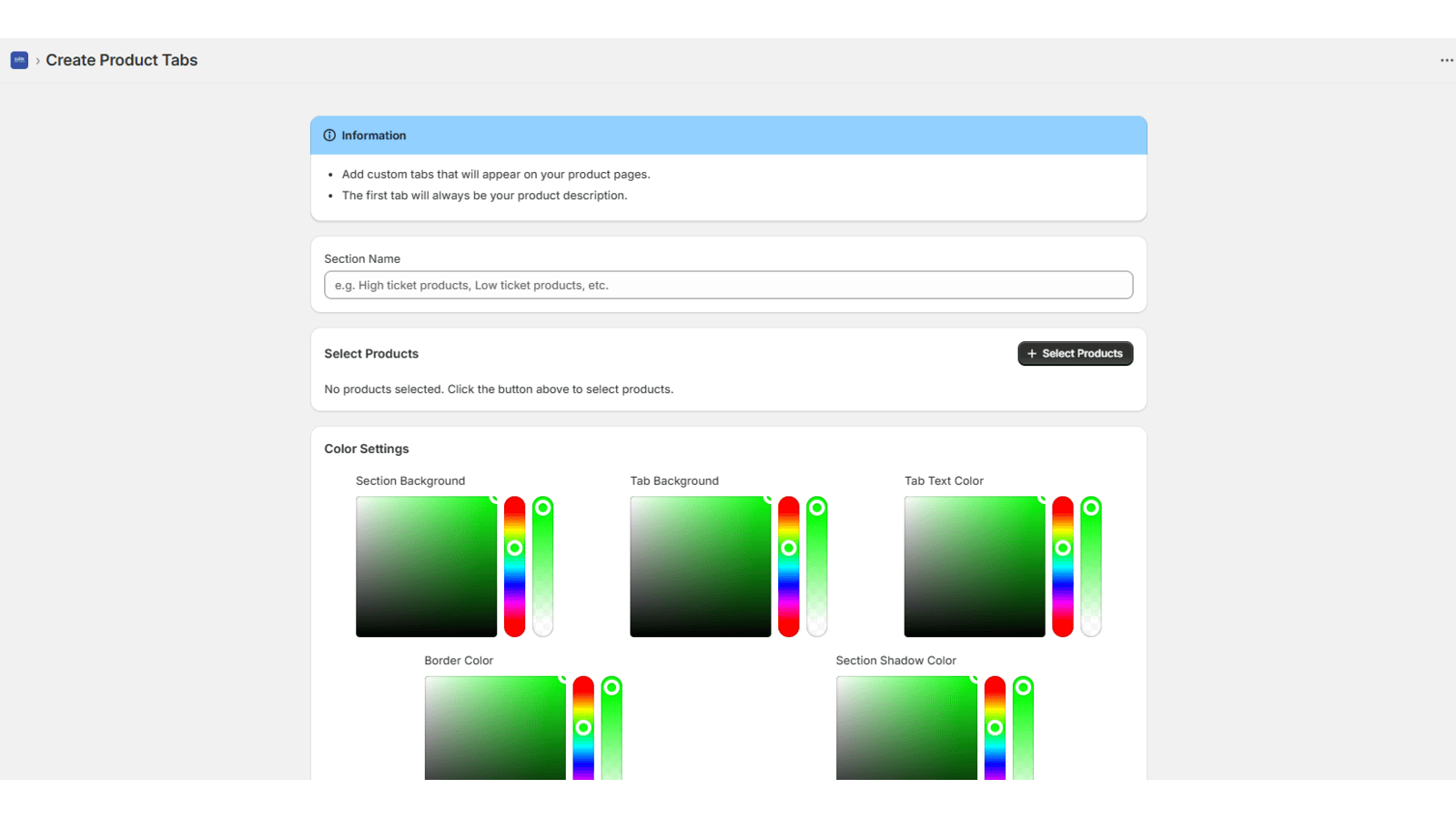 tabs section colors settings