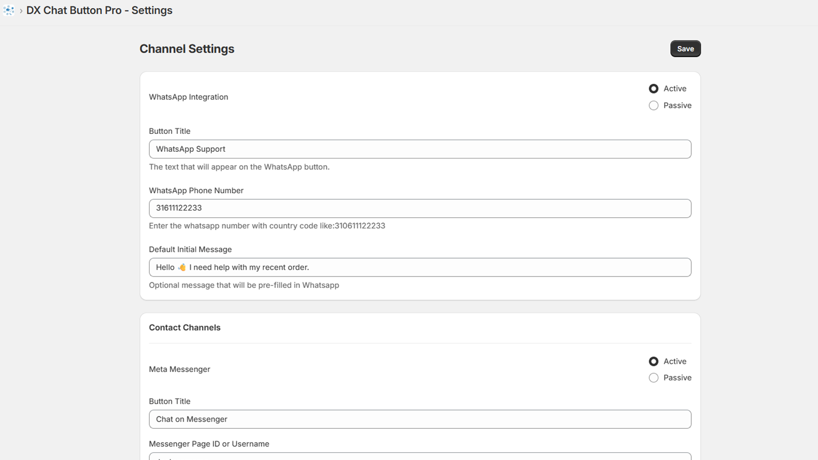 DX Chat Button Pro Settings Page