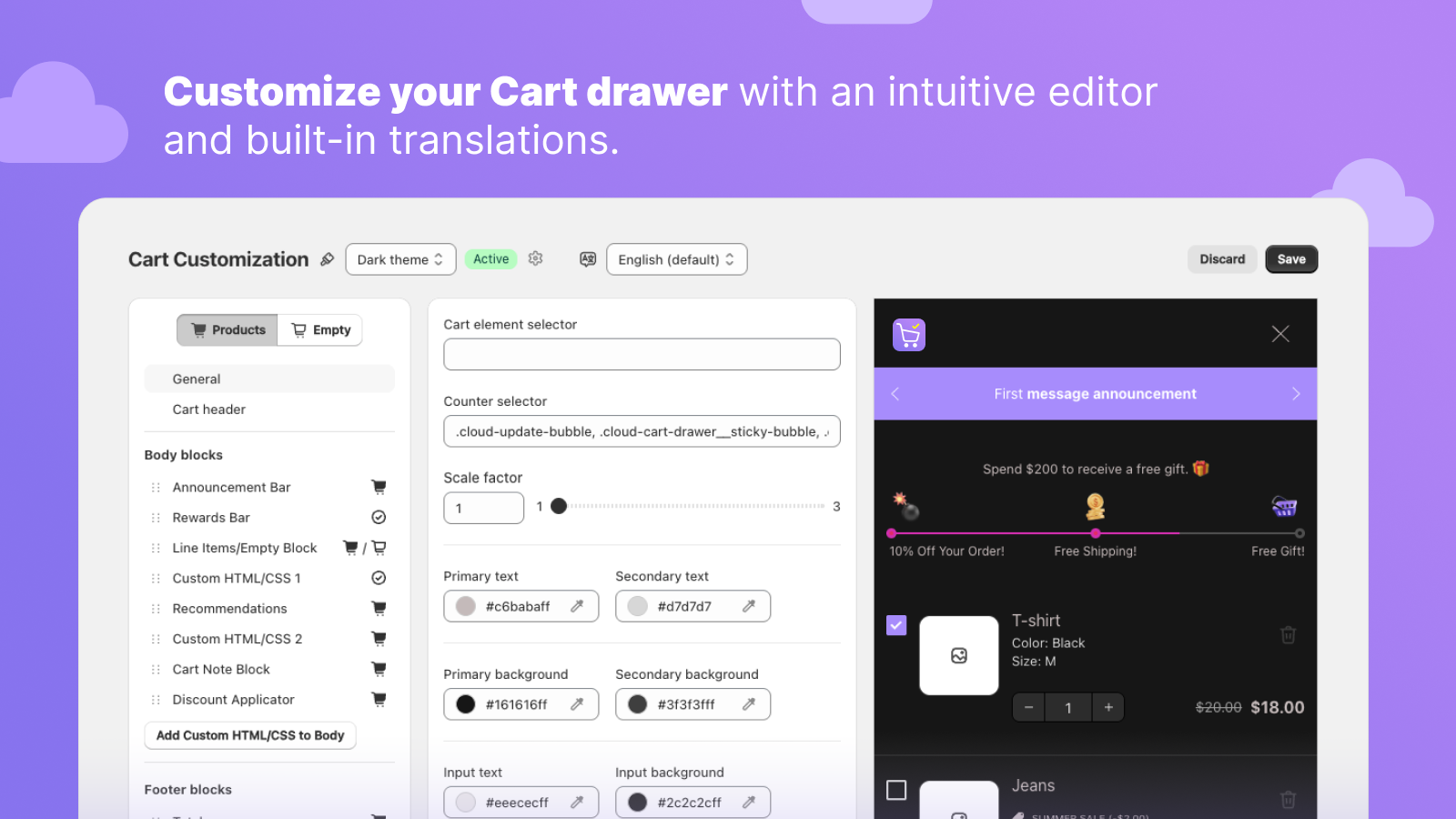 Smart cart drawer with editor and built-in translations