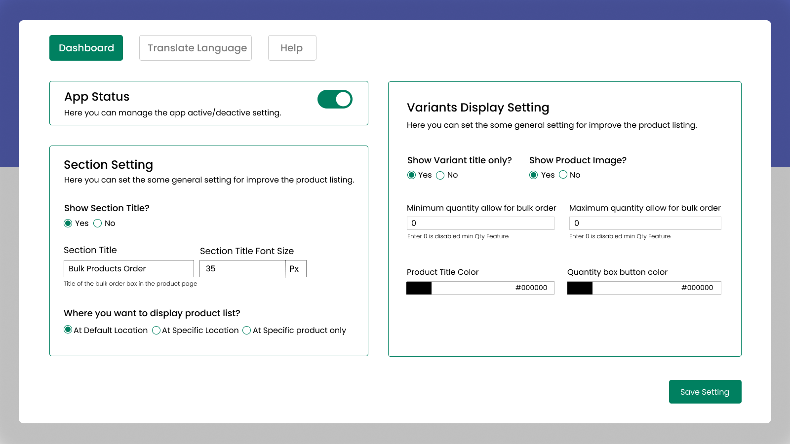 App settings dashboard