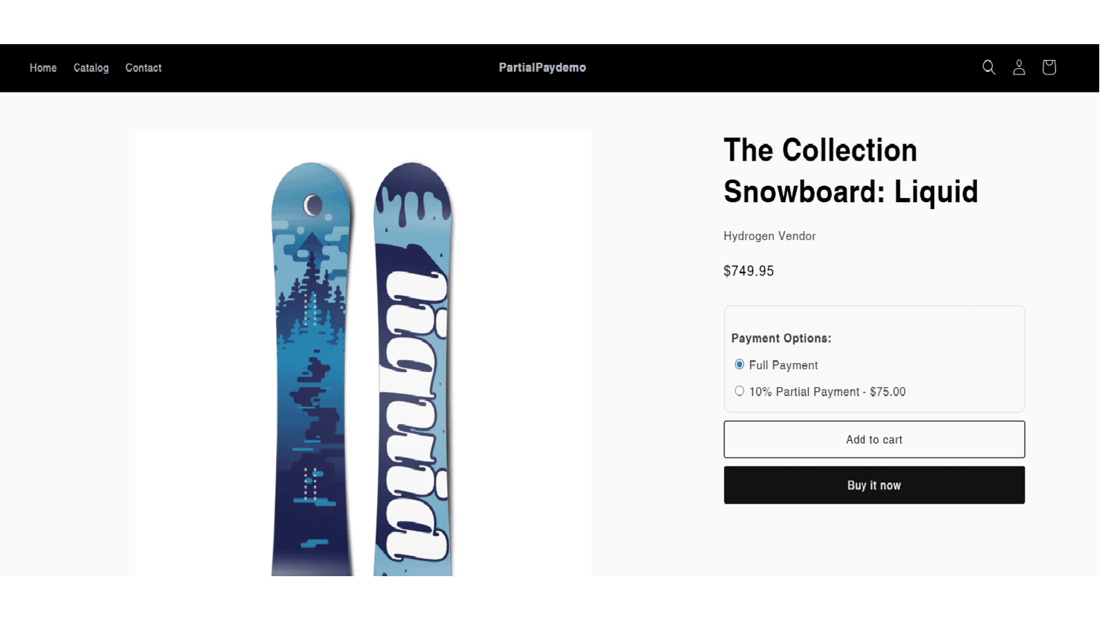 Product page showing partial payment option selection box.